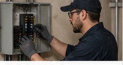 HVAC technician reviewing an electrical panel for heat pump readiness
